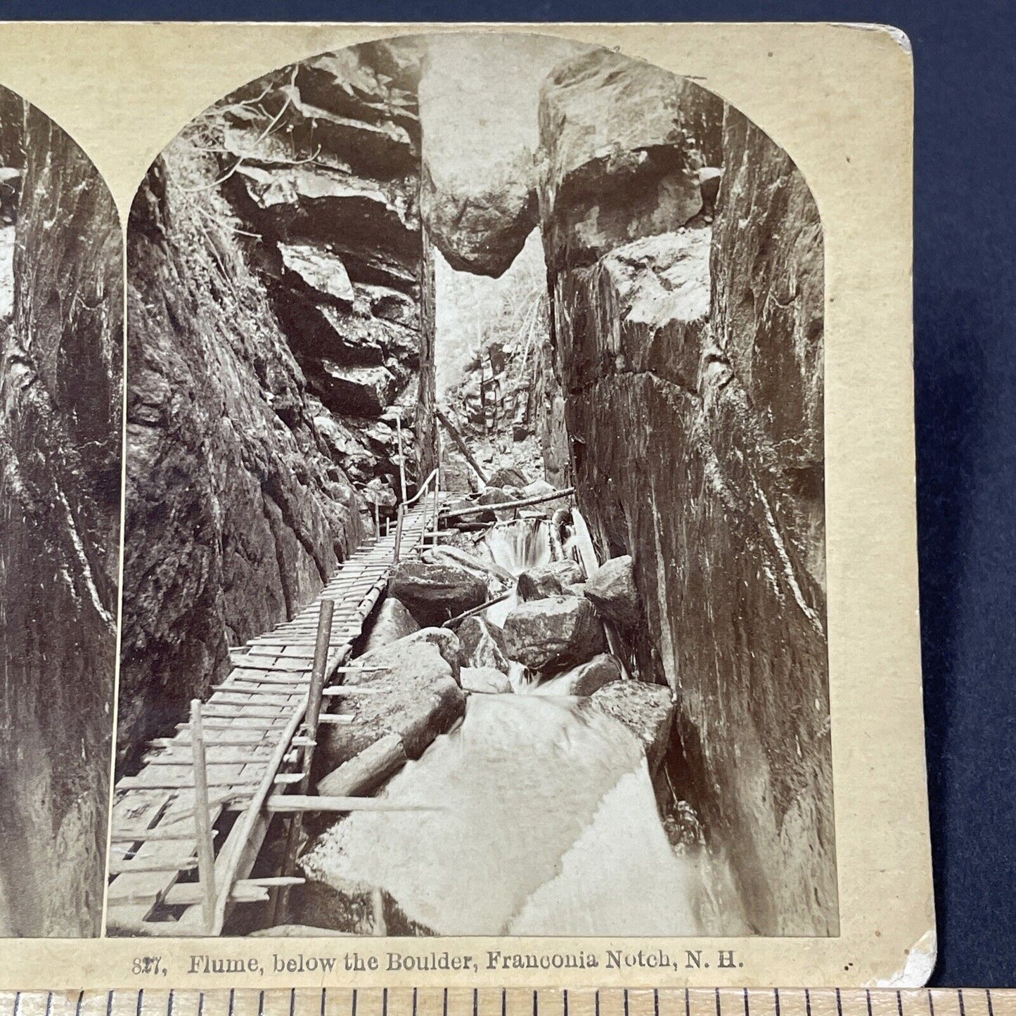 Antique 1870s Wedged Boulder Rock Franconia Notch Stereoview Photo Card V1889