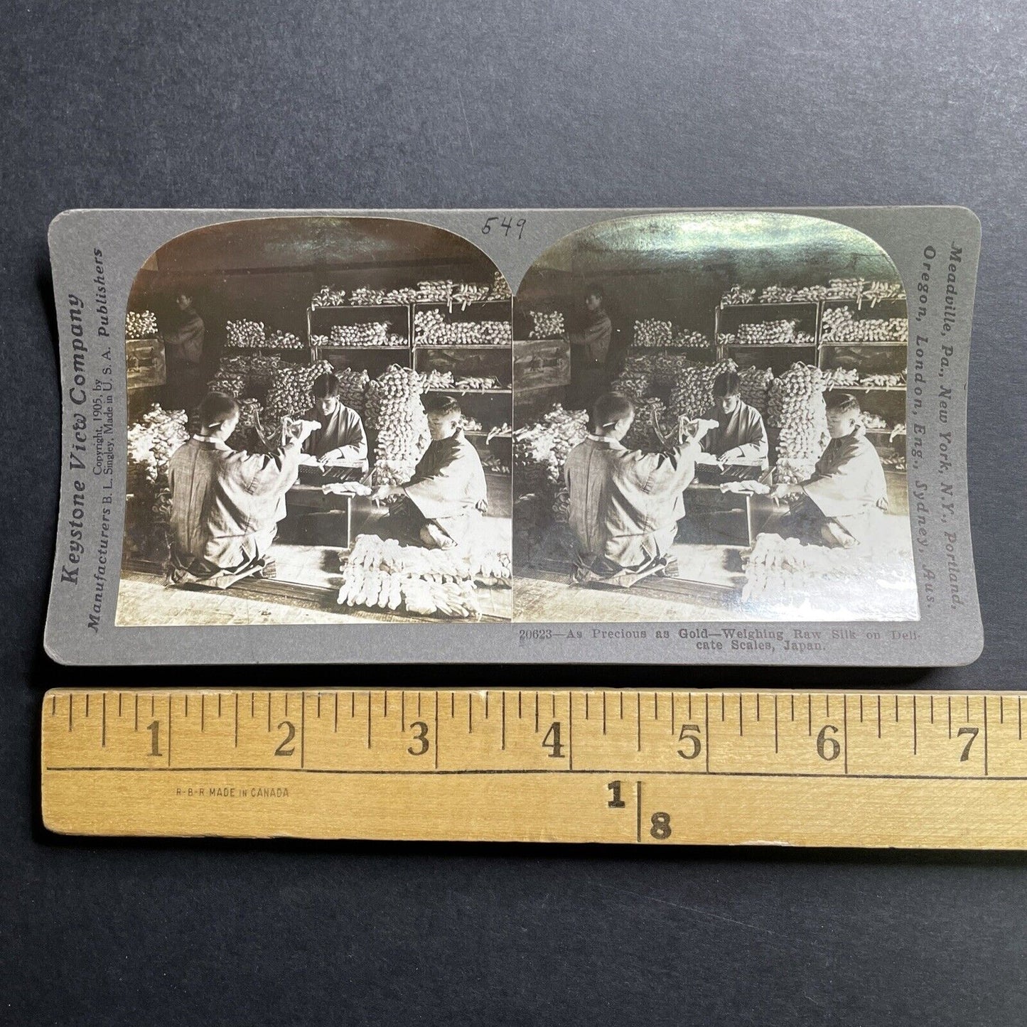 Antique 1905 Weighing Raw Silk Yokohama Japan Stereoview Photo Card P1537