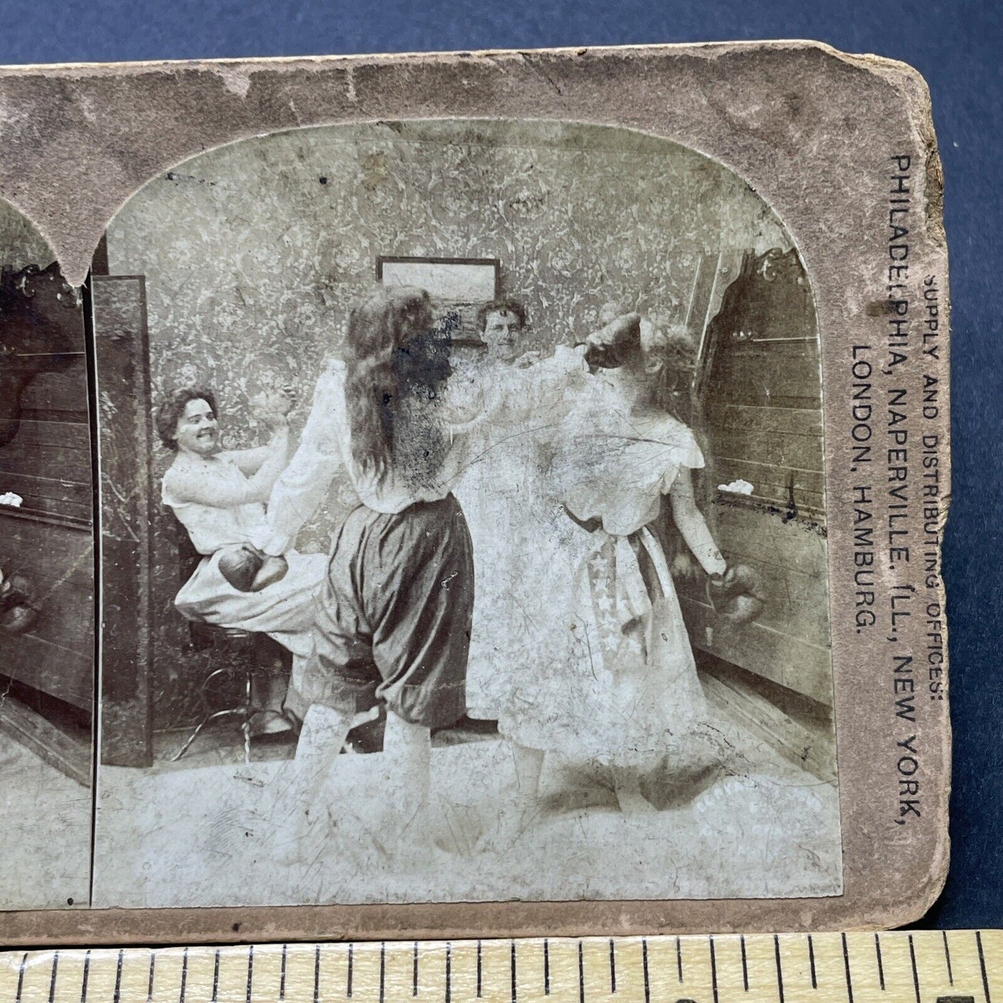 Antique 1890s Women In Underwear Have Boxing Match Stereoview Photo Card P2571