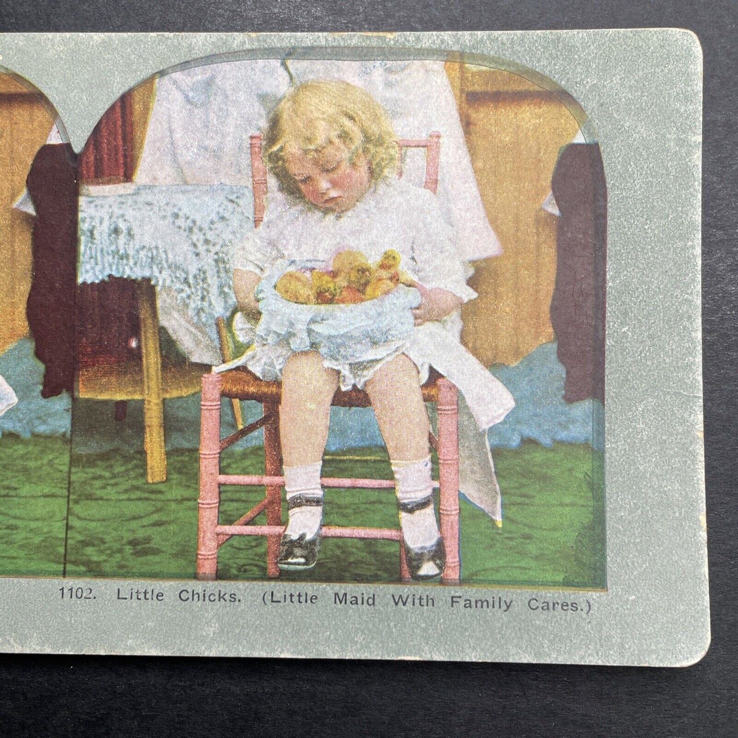 Antique 1892 Child With Basket Of Chicks Chickens Stereoview Photo Card P1232