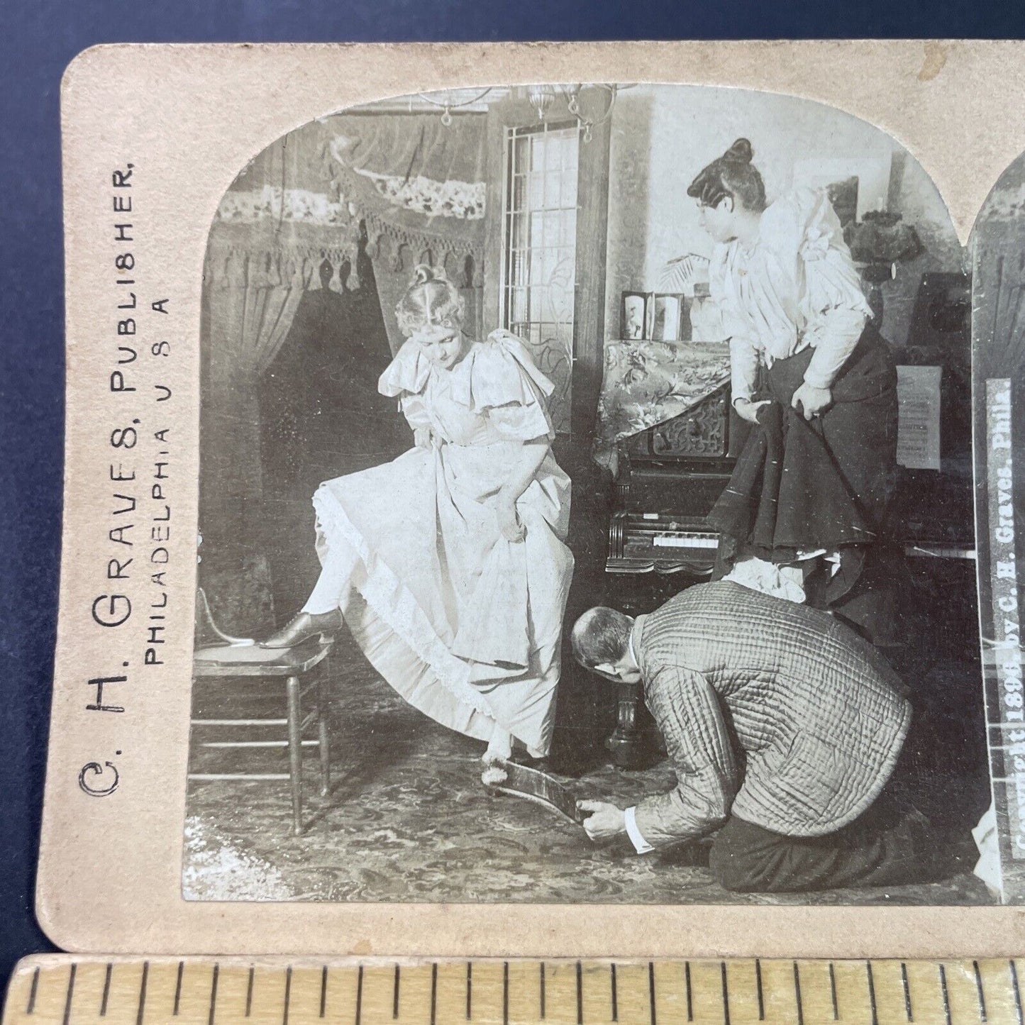 Antique 1896 Women Hide From Mouse In Piano Room Stereoview Photo Card P3466