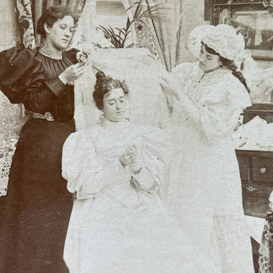Antique 1897 Putting A Veil On A Victorian Bride Stereoview Photo Card P2951