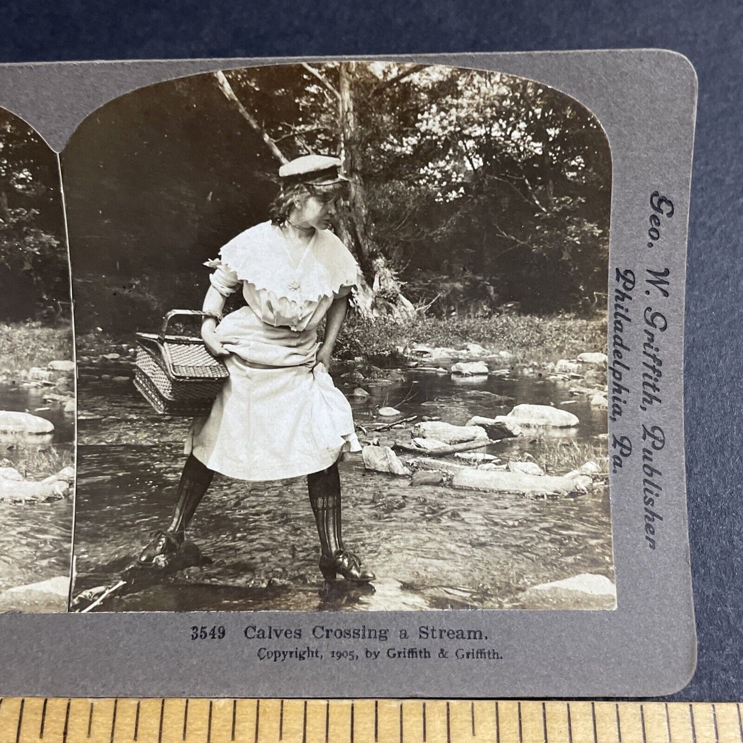 Antique 1905 Teen Woman Crosses A River Stereoview Photo Card P4739