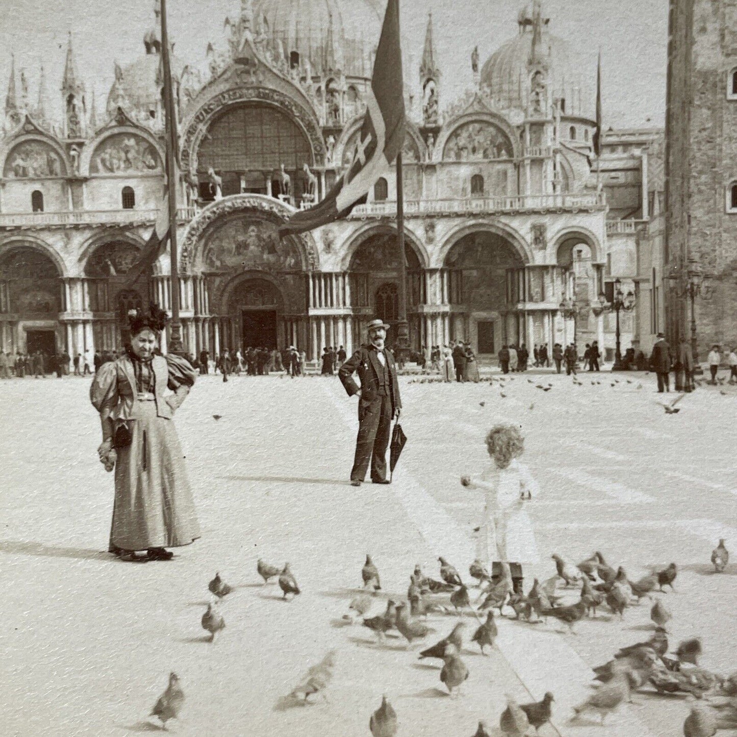 Antique 1898 Child Feeding Pigeons Venice Italy Stereoview Photo Card V3248