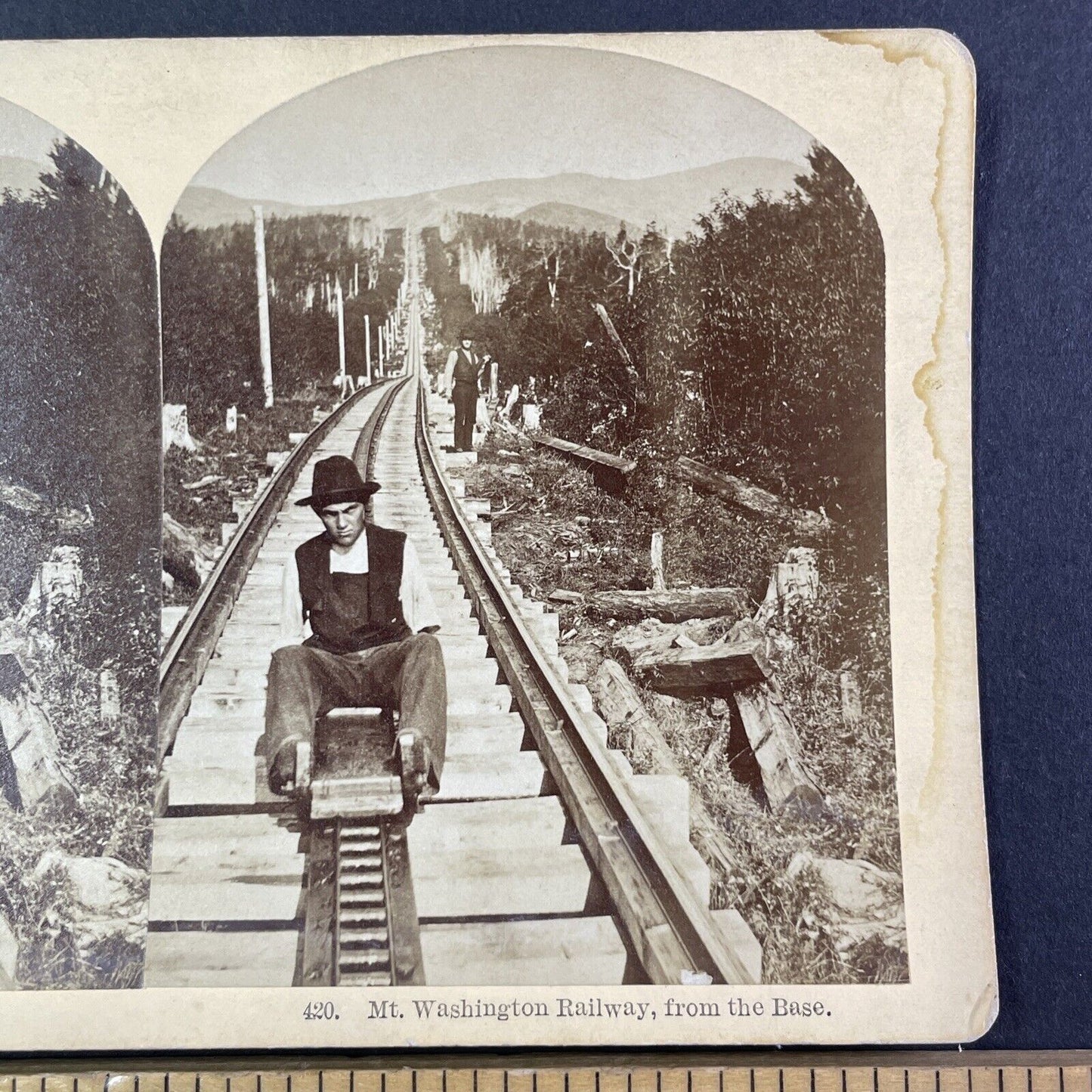 Railroad Worker Missing One Arm Stereoview Mt Washington Railway c1870s Y1851