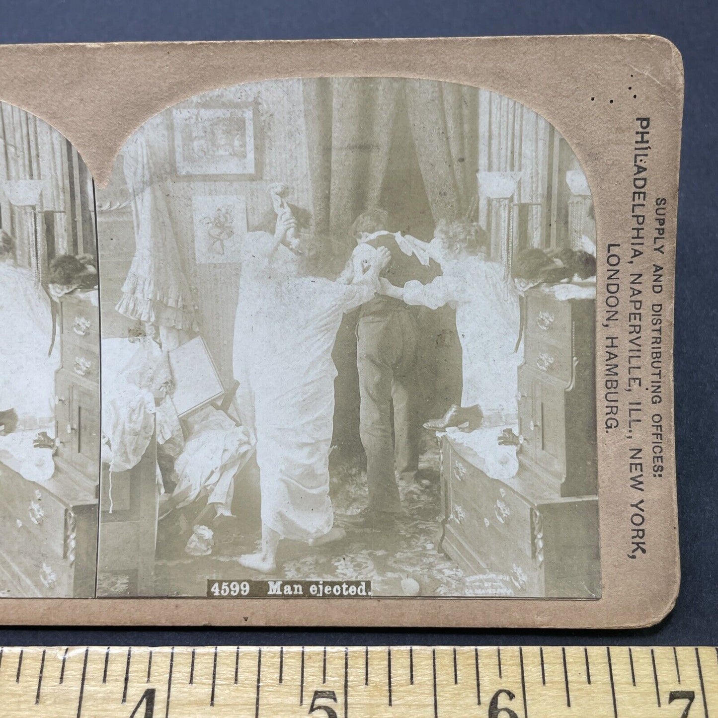 Antique 1890s Women In Underwear Chase Man Away Stereoview Photo Card P2570