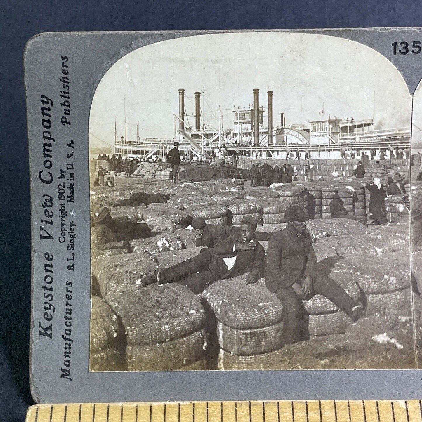 Antique 1902 Loading Cotton Steamships New Orleans Stereoview Photo Card P2137