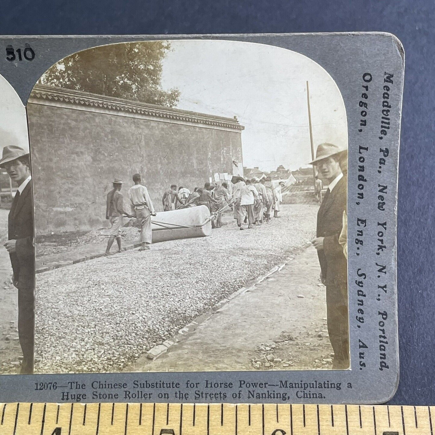 Antique 1906 Chinese Prisoners Pulling A Road Grader Stereoview Photo Card P2217