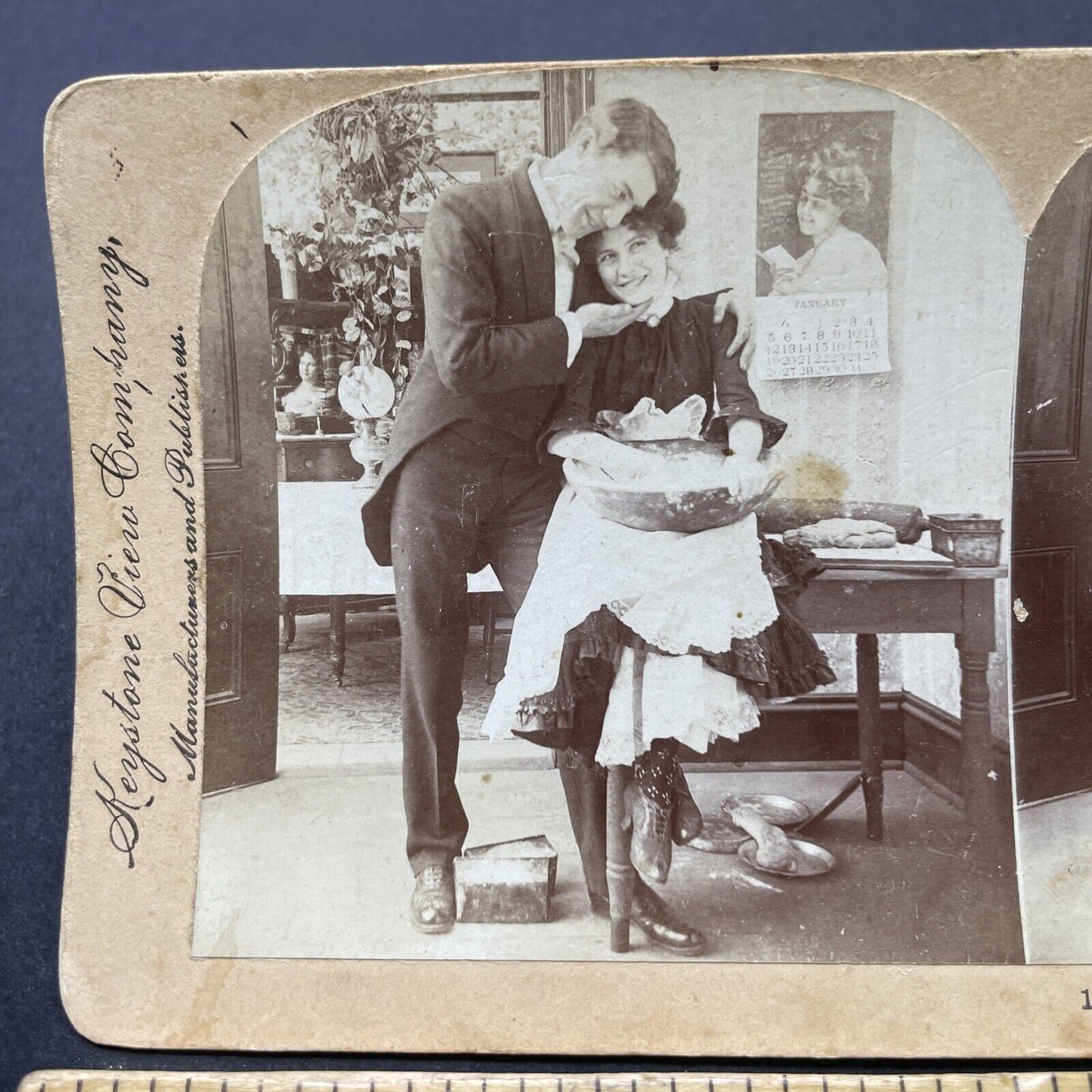 Antique 1903 Man Flirts With His New French Maid Stereoview Photo Card P2596