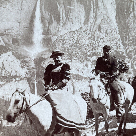 Antique 1899 Yosemite Falls And Horse Travellers CA Stereoview Photo Card P2395