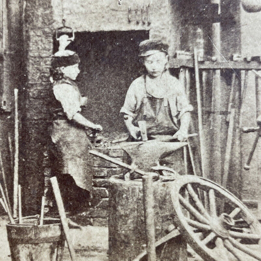 Antique 1860s Young Boys Working As Blacksmiths Stereoview Photo Card P4074