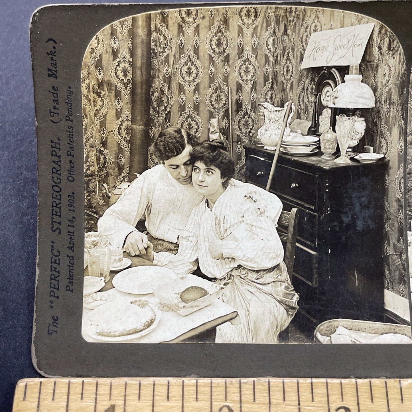 Antique 1903 Young Couple Cuddles Over Dinner Stereoview Photo Card P2690