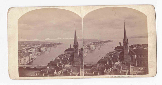 Antique 1890s Fraumünster Church Zürich Switzerland Lake View Stereo Card P238