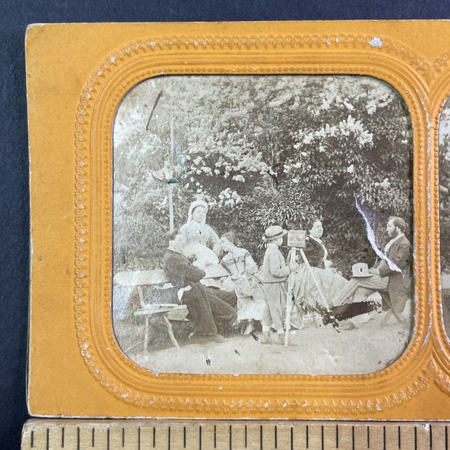 Child Using A Very Early Camera Stereoview French Tissue Antique c1850s XT2120