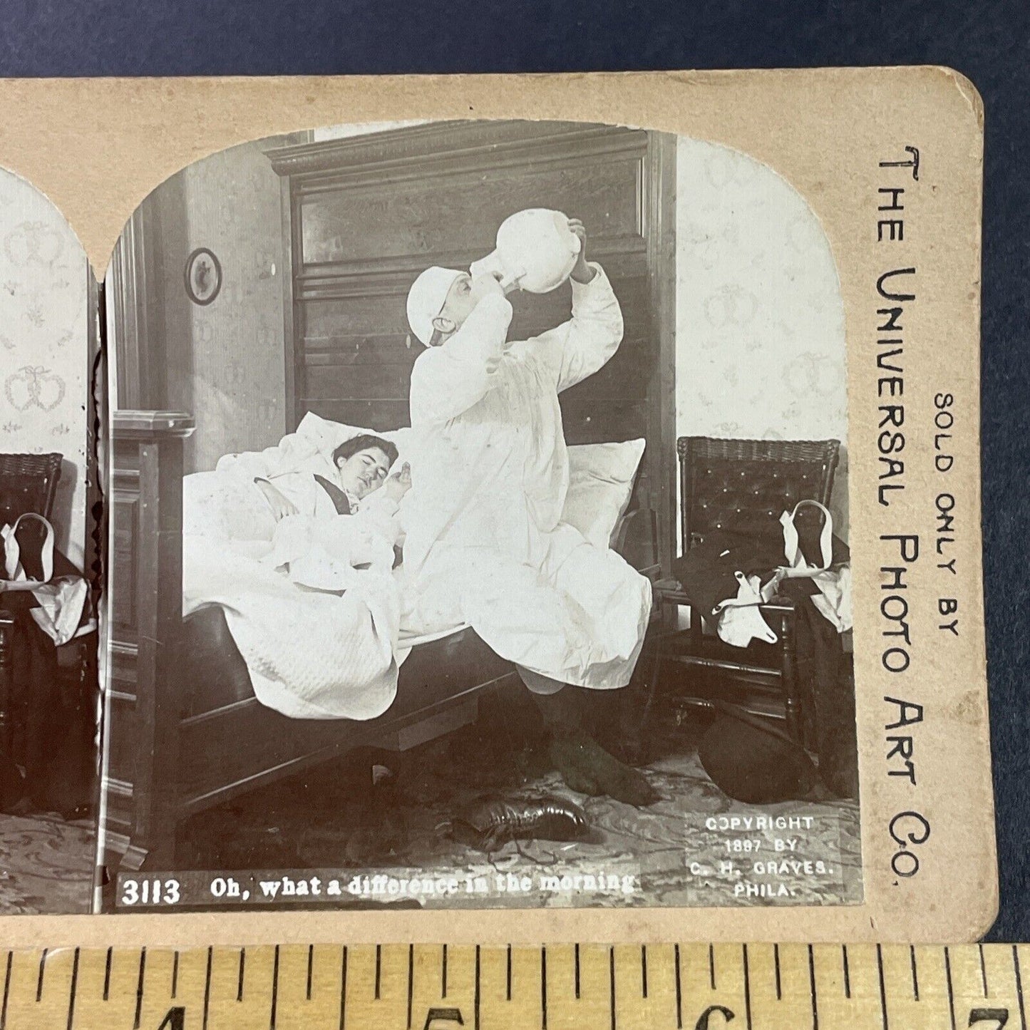 Antique 1897 Drunk Man Drinks From Spittoon Stereoview Photo Card P3468