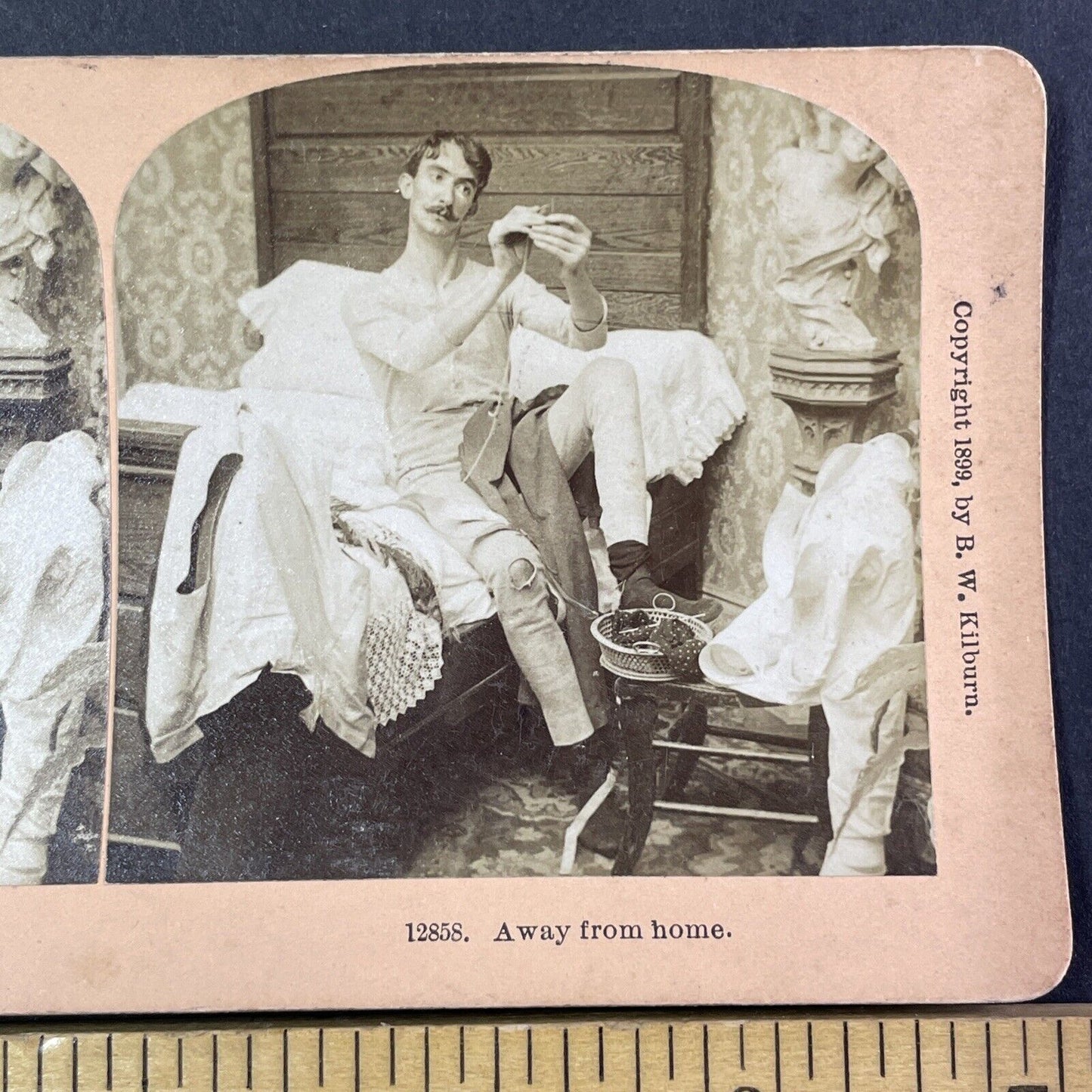 Man Mends His Own Longjohns in Bed Stereoview Antique c1899 Y1807