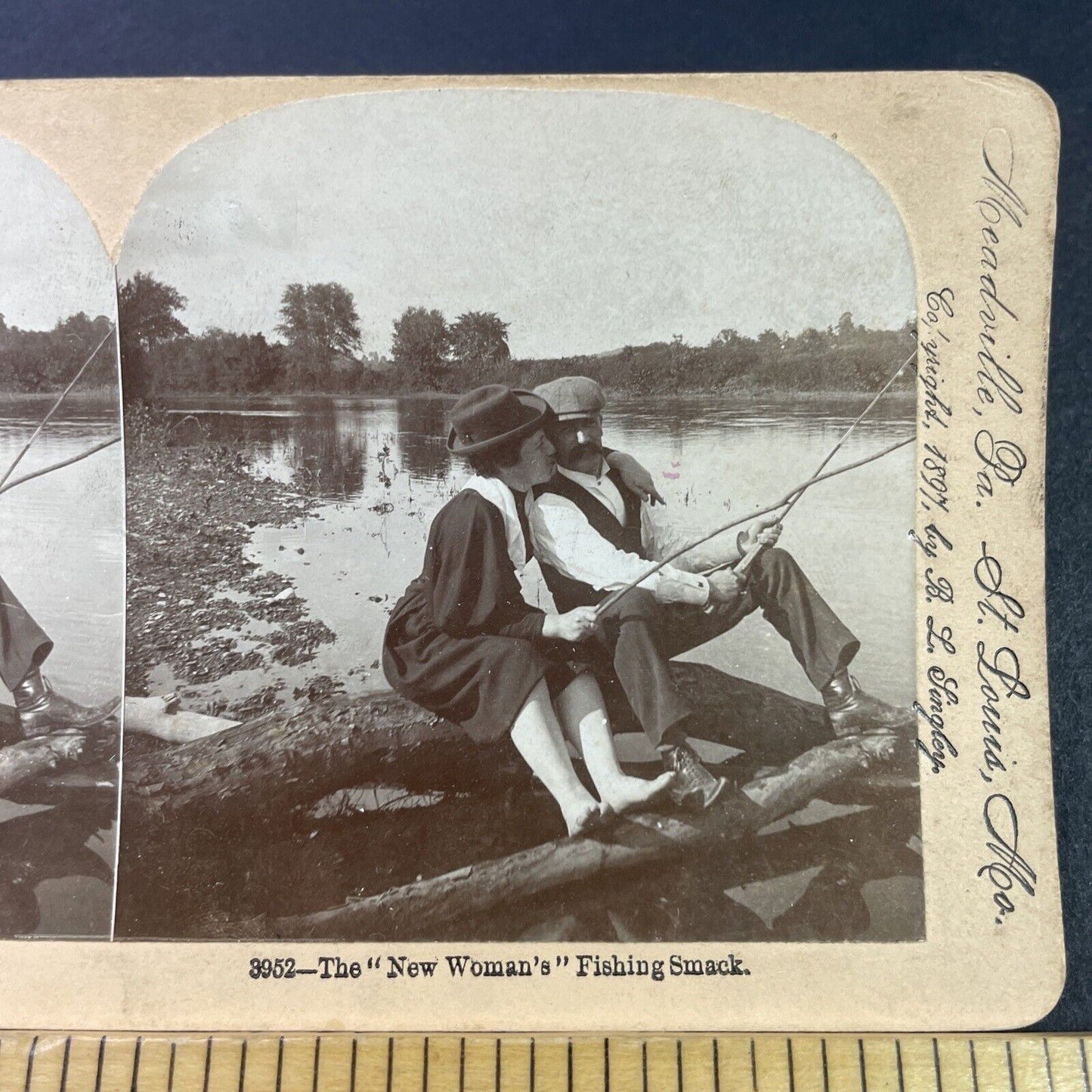 Antique 1897 Man Woman Fishing With Sticks Branches Stereoview Photo Card P3335