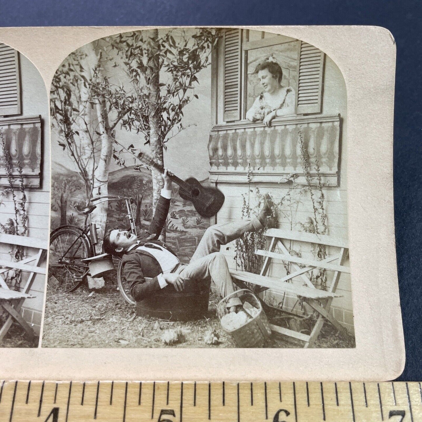 Antique 1870s Guitarist Falls From Window Stereoview Photo Card P4106