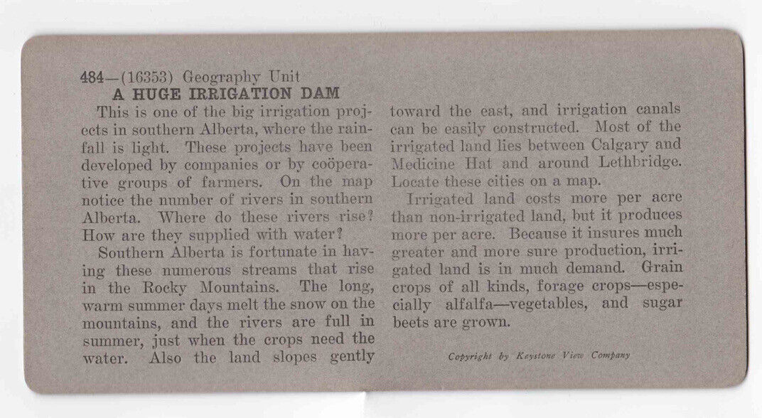 1914 Bassano Dam Alberta, Newly Completed Irrigation Project Stereo Card P395