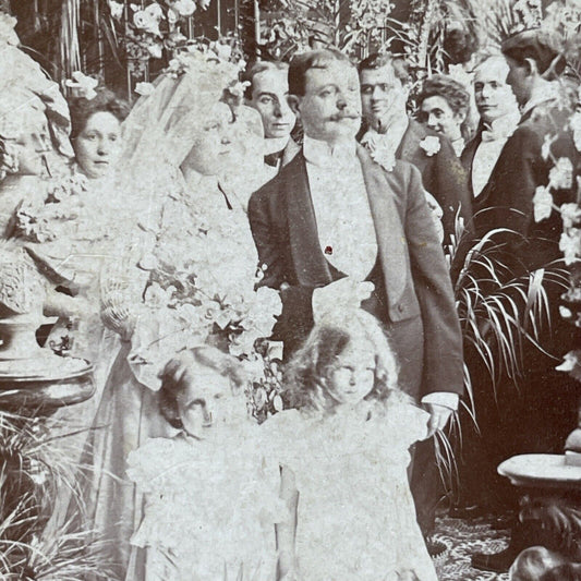 Antique 1901 Victorian Bride & Groom & Flower Girls Stereoview Photo Card P2961