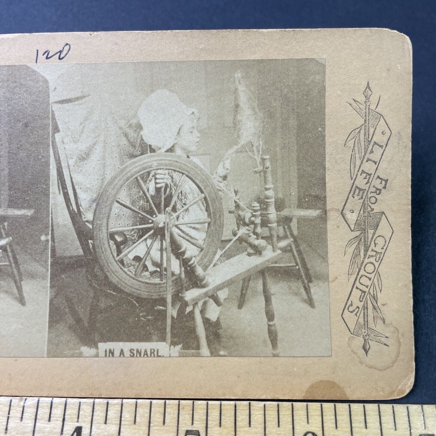 Antique 1870s Girl Spinning Wool Gets Caught Up Stereoview Photo Card P3088