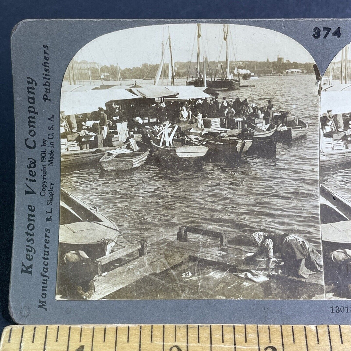 Antique 1901 Peasants Scrub Docks Skeppsbro Sweden Stereoview Photo Card P2108