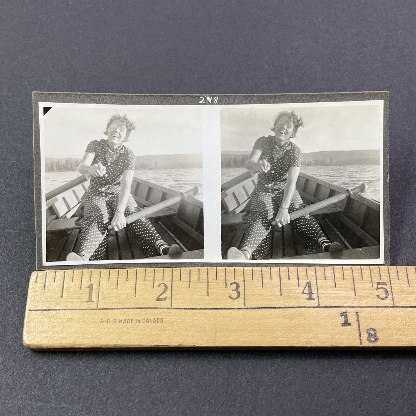 Vintage 1940 Laughing Beautiful Woman In Rowboat Stereoview Photo Card P503