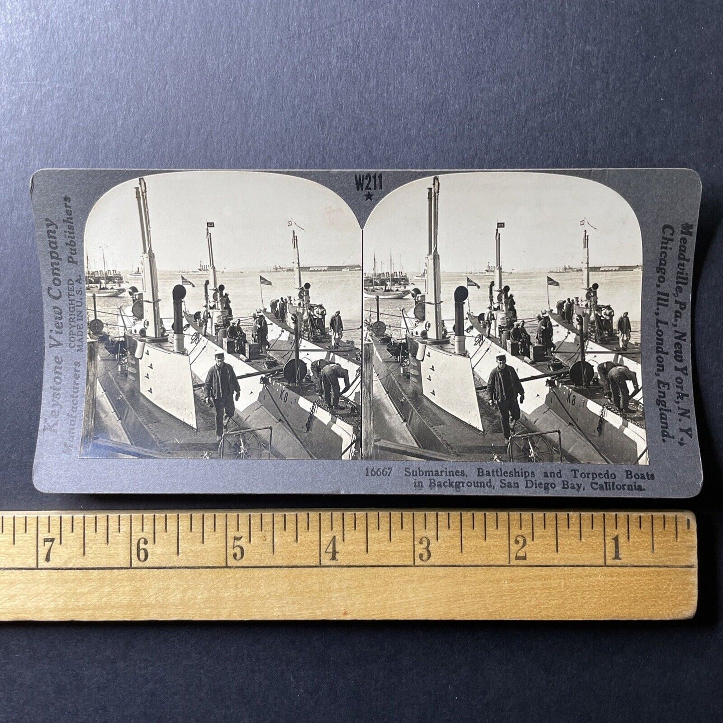 Antique 1918 US Navy Submarines In San Diego Harbor Stereoview Photo Card P1005