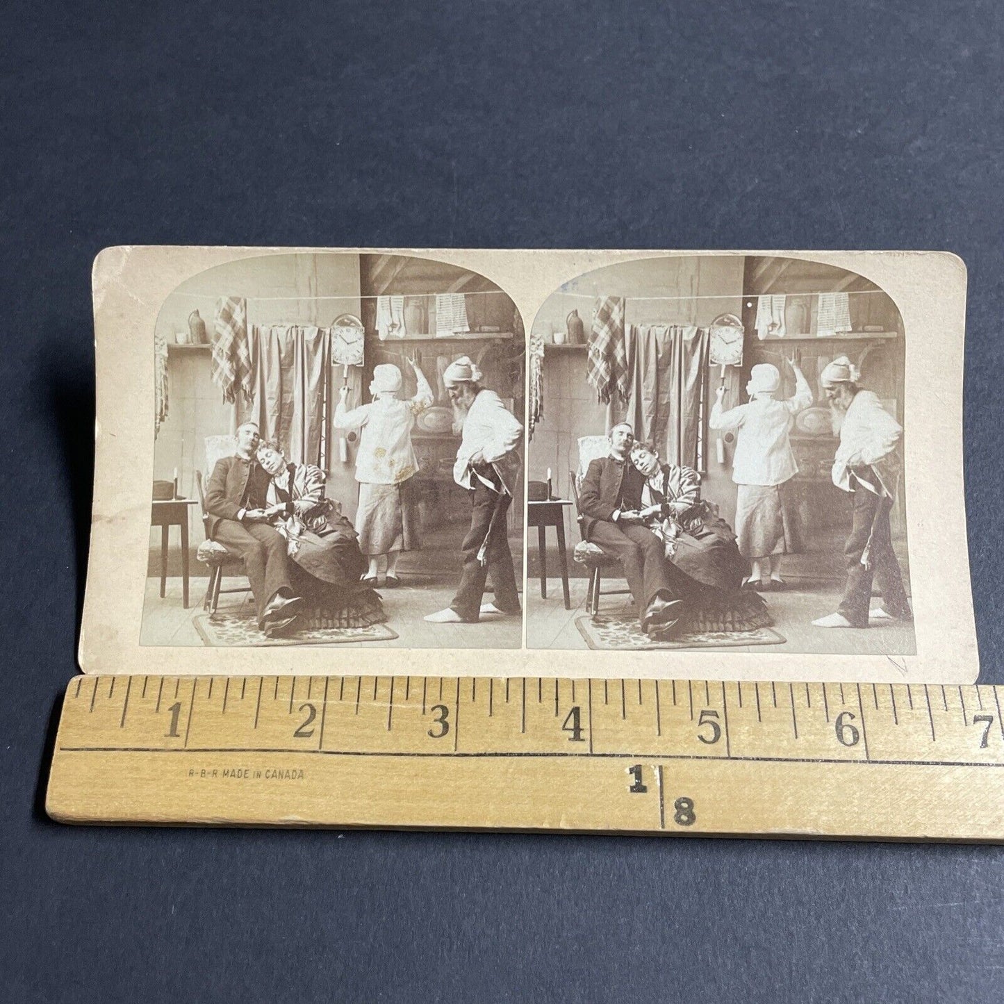 Antique 1870s Husband & Wife Fall Asleep In Kitchen Stereoview Photo Card P4061