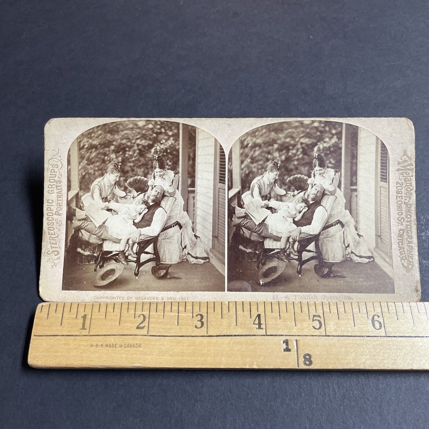 Antique 1881 Women Tickle Man On Porch Stereoview Photo Card P4641