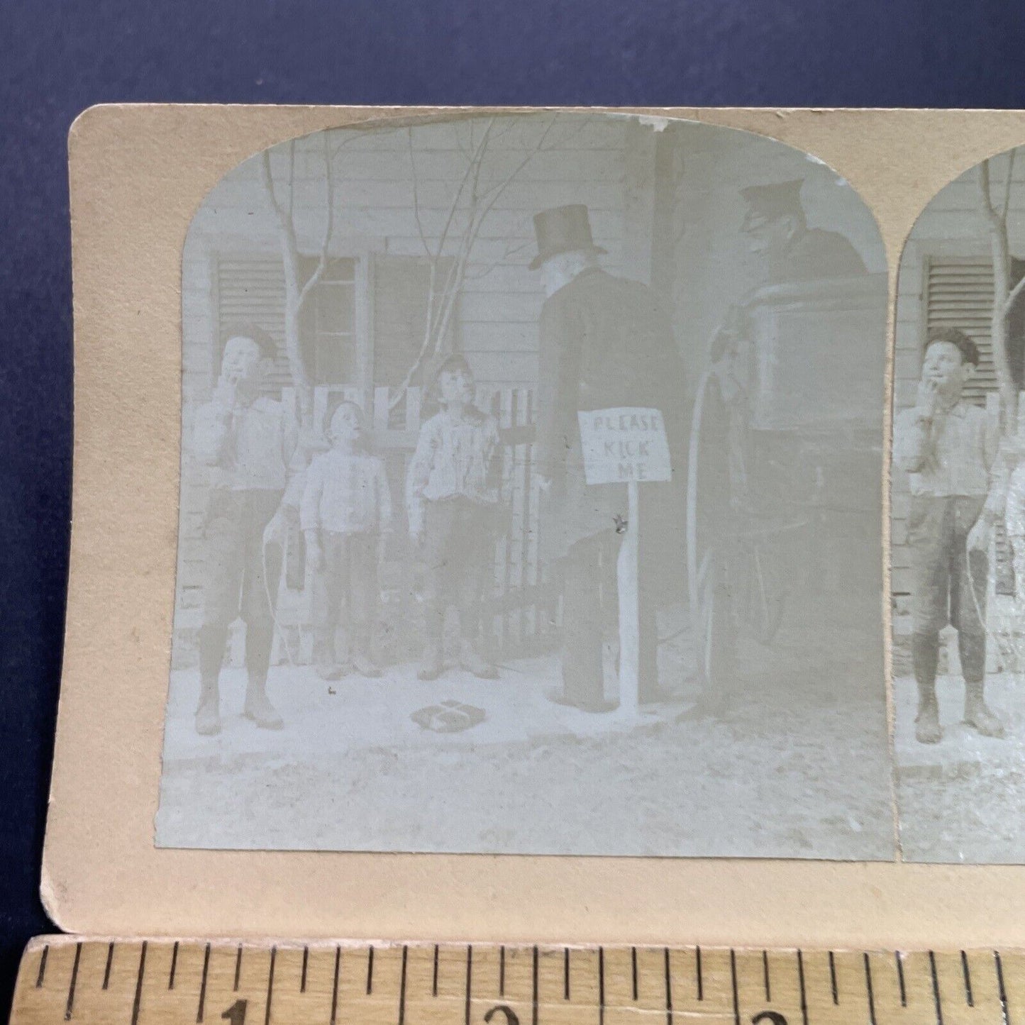 Antique 1860s Boys Put 'Kick Me' Sign On Banker Stereoview Photo Card P3543