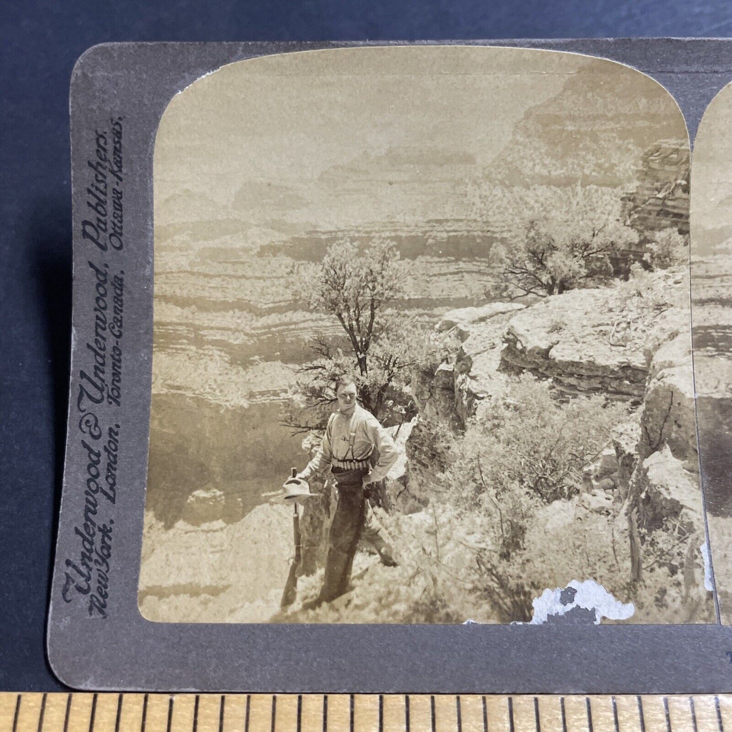 Antique 1902 Gunman Cowboy Grand Canyon Arizona Stereoview Photo Card P5049