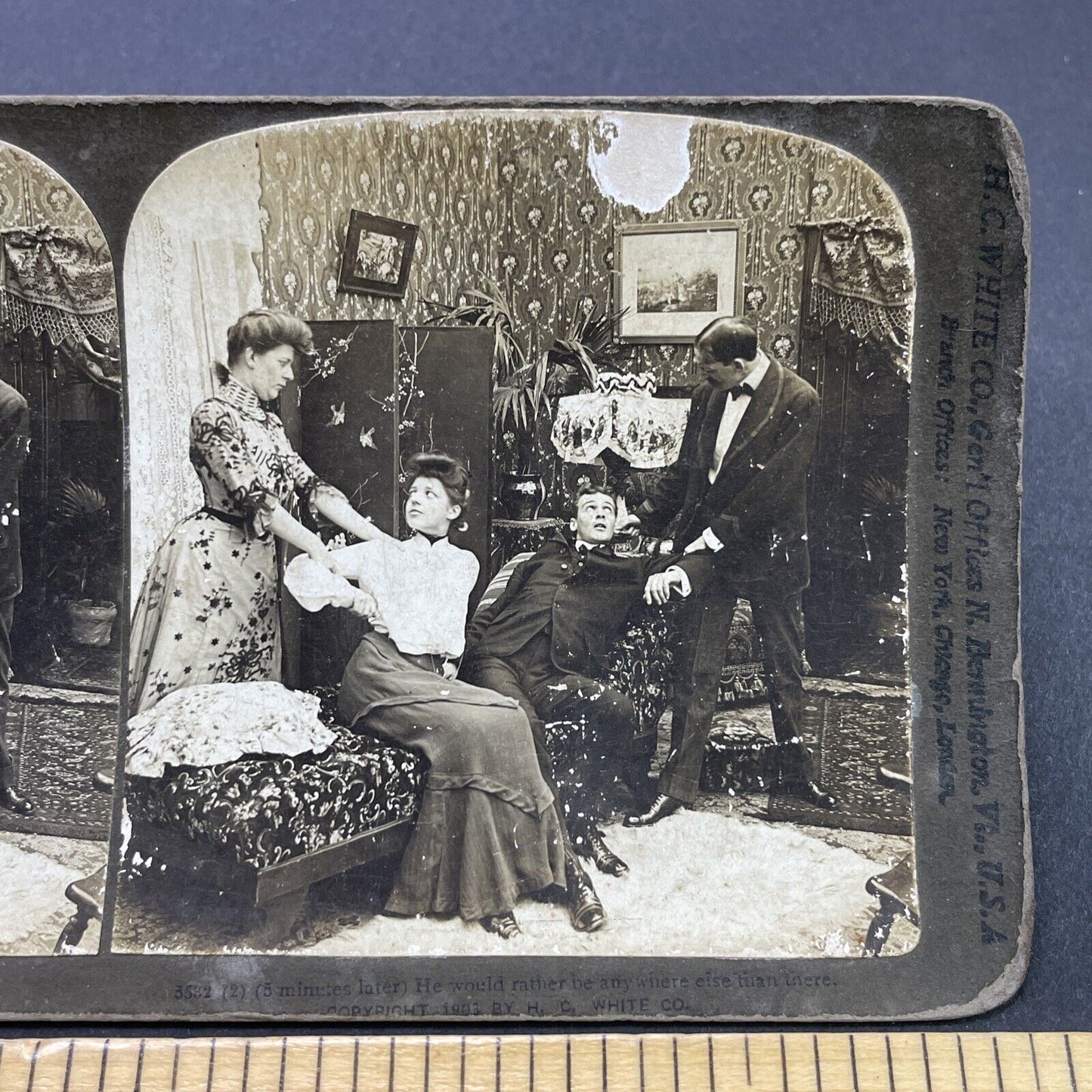 Antique 1903 Parents Catch Lovers In Parlor Stereoview Photo Card P2649