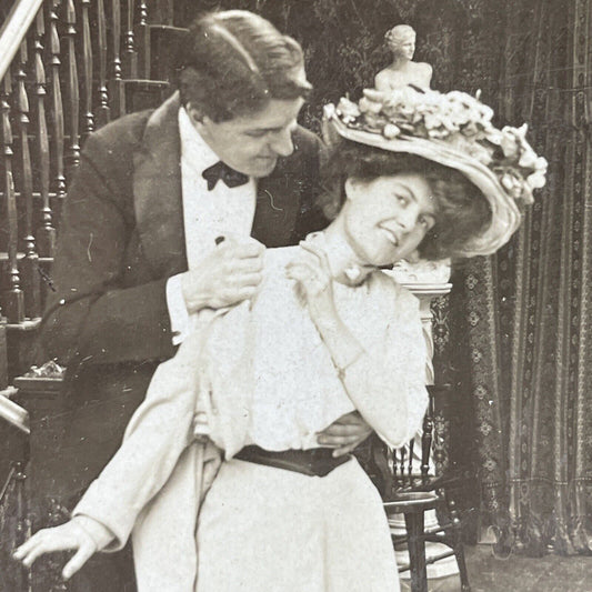Antique 1902 Man Helps Woman With Her Coat Stereoview Photo Card P2894