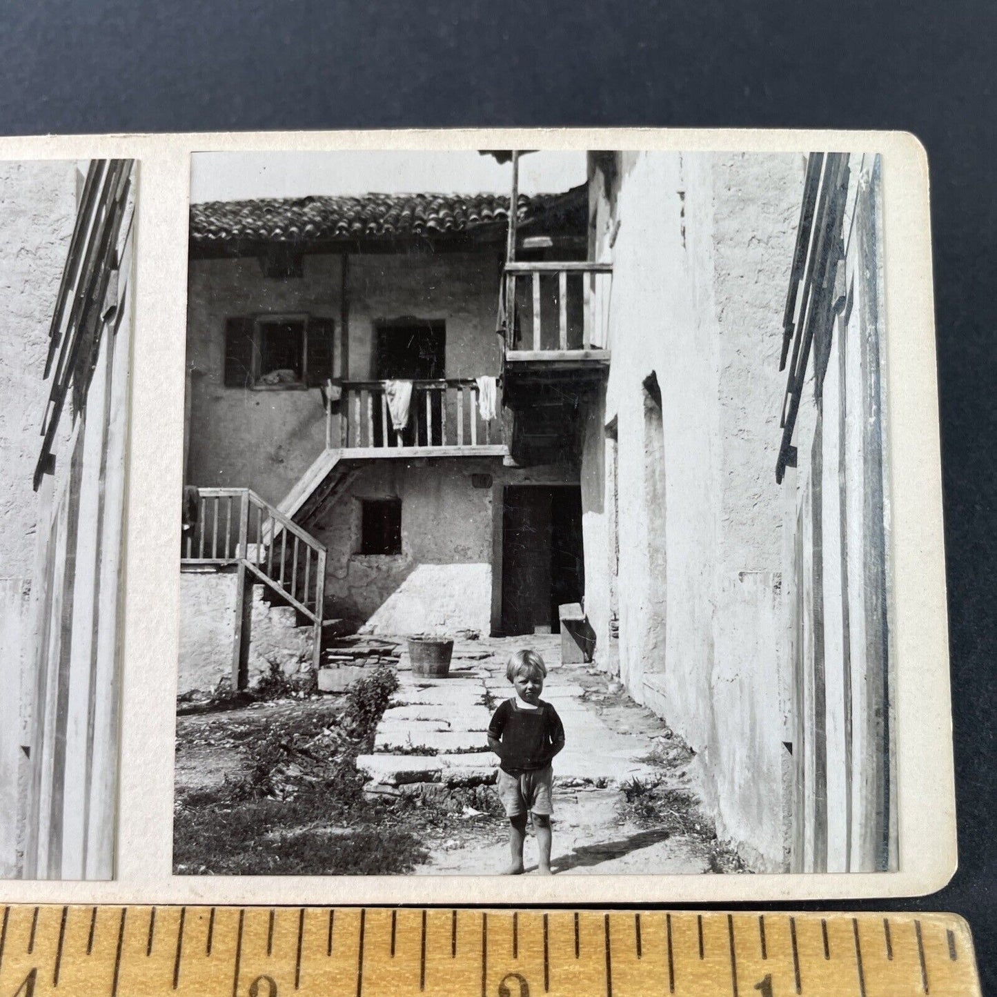 Antique 1925 Italian Boy In Poverty Italy OOAK Stereoview Photo Card P3240