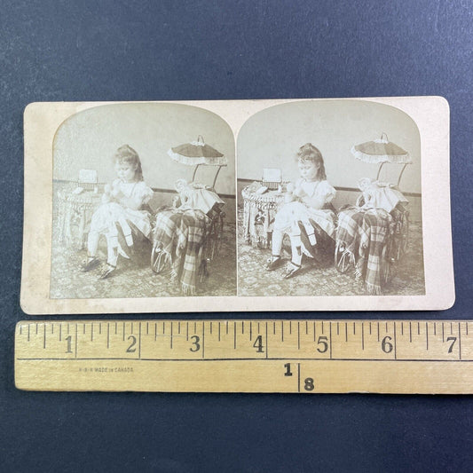 Little Girl Mending Doll Clothes Stereoview Victorian Dolls Antique c1880 Y457