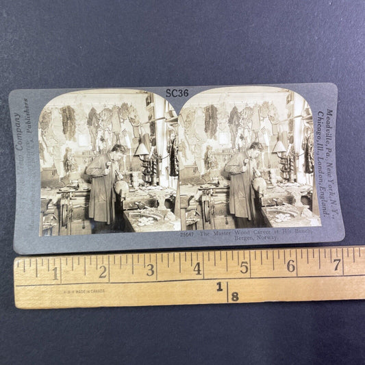 A Master Wood Carver in Bergen Norway Stereoview Antique c1910s Y1367