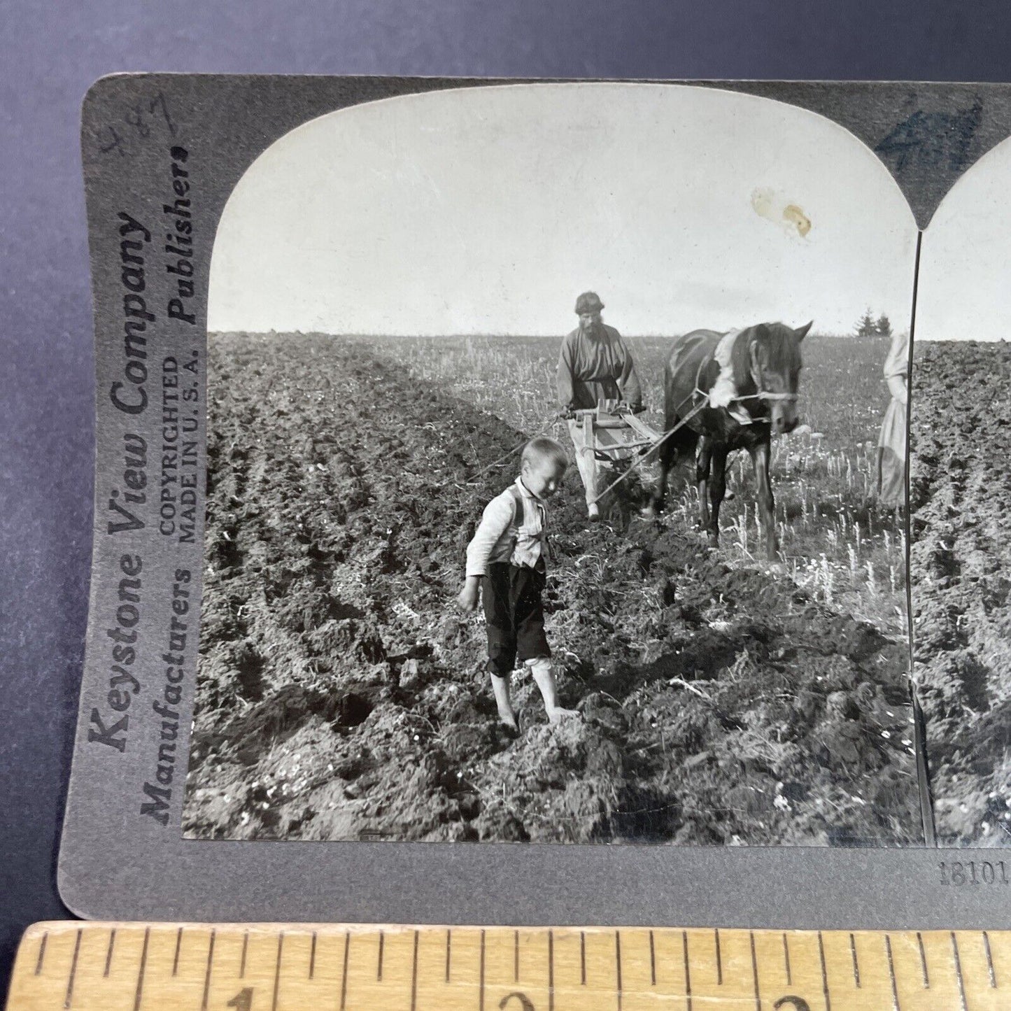 Antique 1920s Russian Ukranian Farmers Plough Fields Stereoview Photo Card P3696