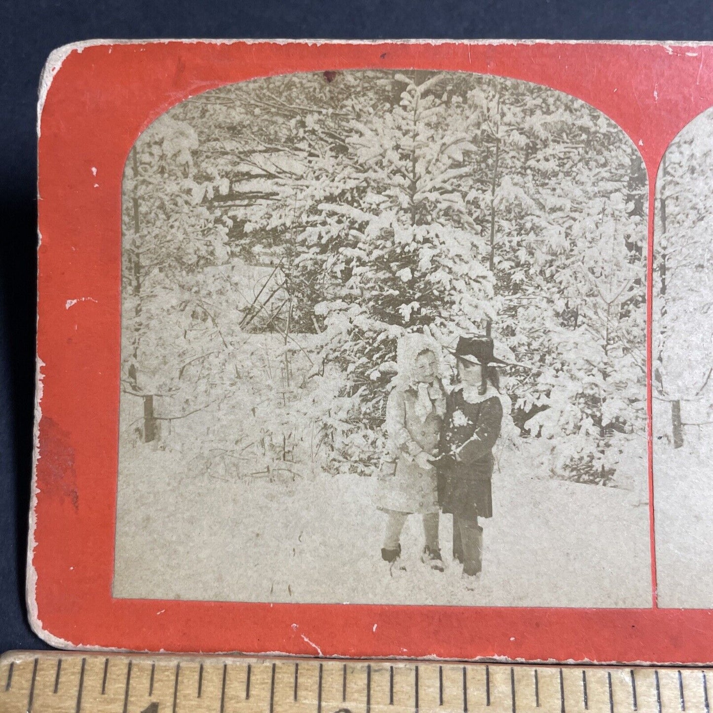 Antique 1882 Two Children In New Hampshire Snowstorm Stereoview Photo Card P4629