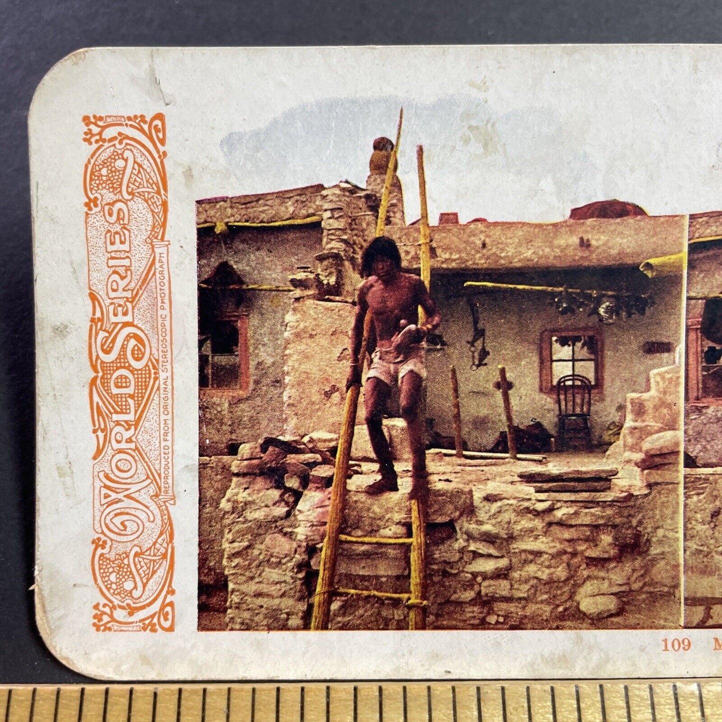 Antique 1905 Moki Native American Indian At House Stereoview Photo Card Q2242