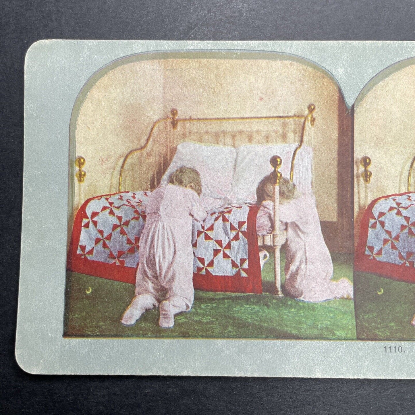 Antique 1892 Children Saying Prayers Before Bed Stereoview Photo Card P1236