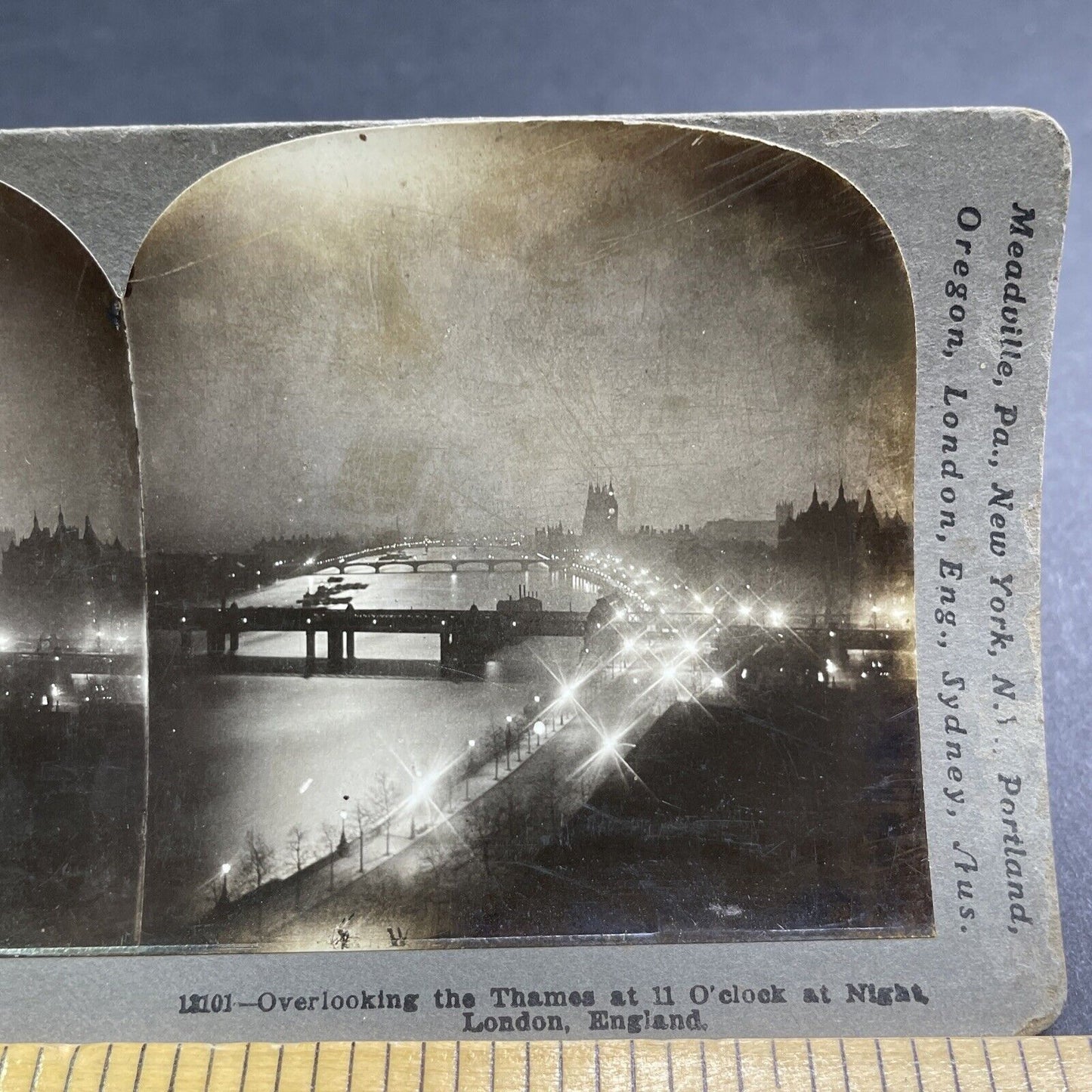 Antique 1909 London Night View Thames River Stereoview Photo Card P1907