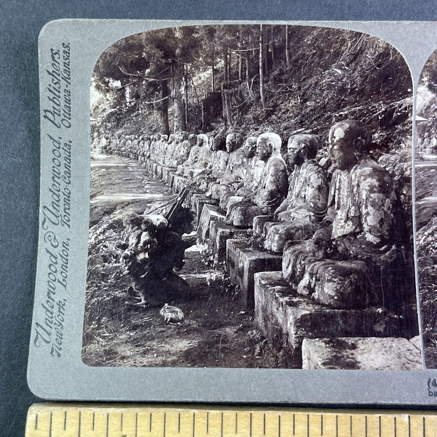 Worshipper Prays to Stone Gods in Nikko Japan Stereoview Antique c1904 Y2598