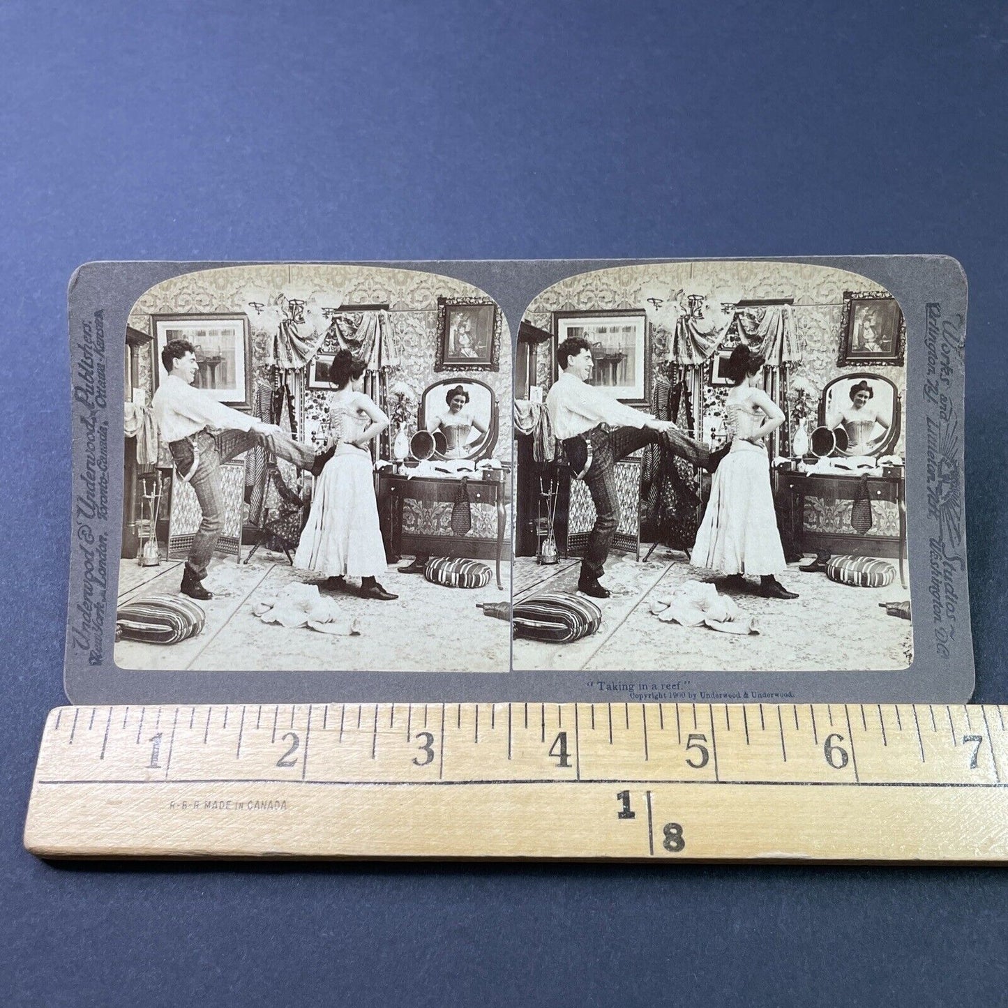 Antique 1900 Man Tightens Womans Corset Stereoview Photo Card P2922