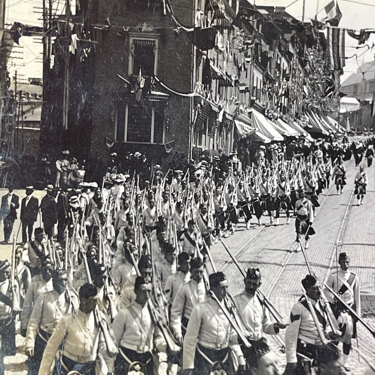 Fifth Royal Highlanders of Montreal Marching in Quebec Stereoview c1908 Y1717