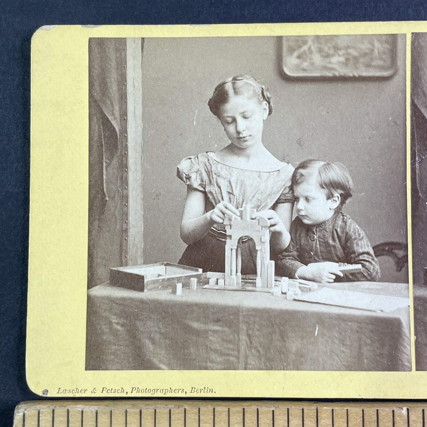 German Children Stacking Wood Blocks Stereoview Antique c1870 X3212