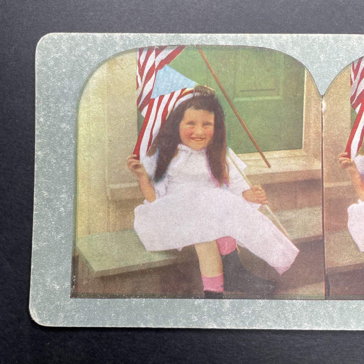 Antique 1899 Little Girl Proud Of Flag And Country Stereoview Photo Card P1259