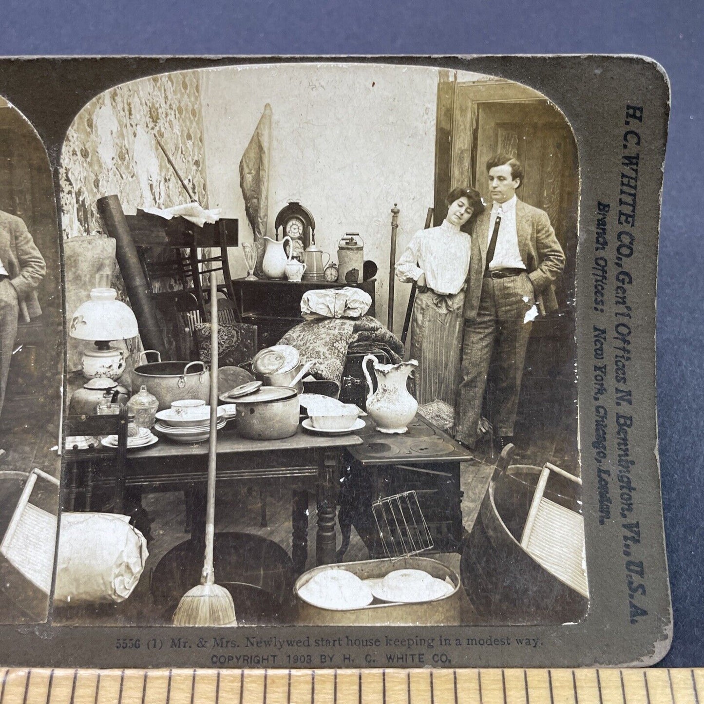 Antique 1903 Couple Looks Over Messy House Stereoview Photo Card P2659