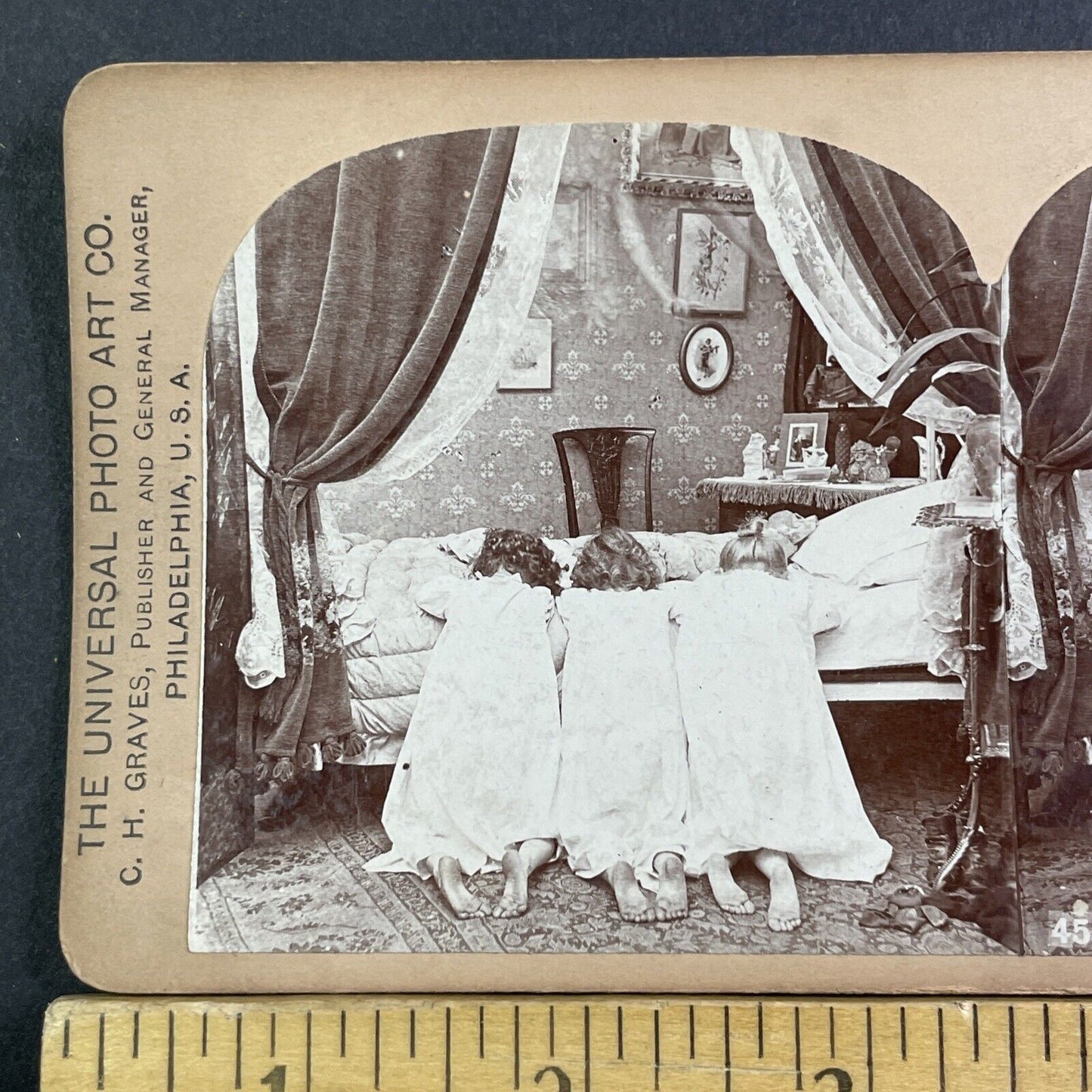 Children Praying At Bedtime Stereoview CH Graves Antique c1897 X2834