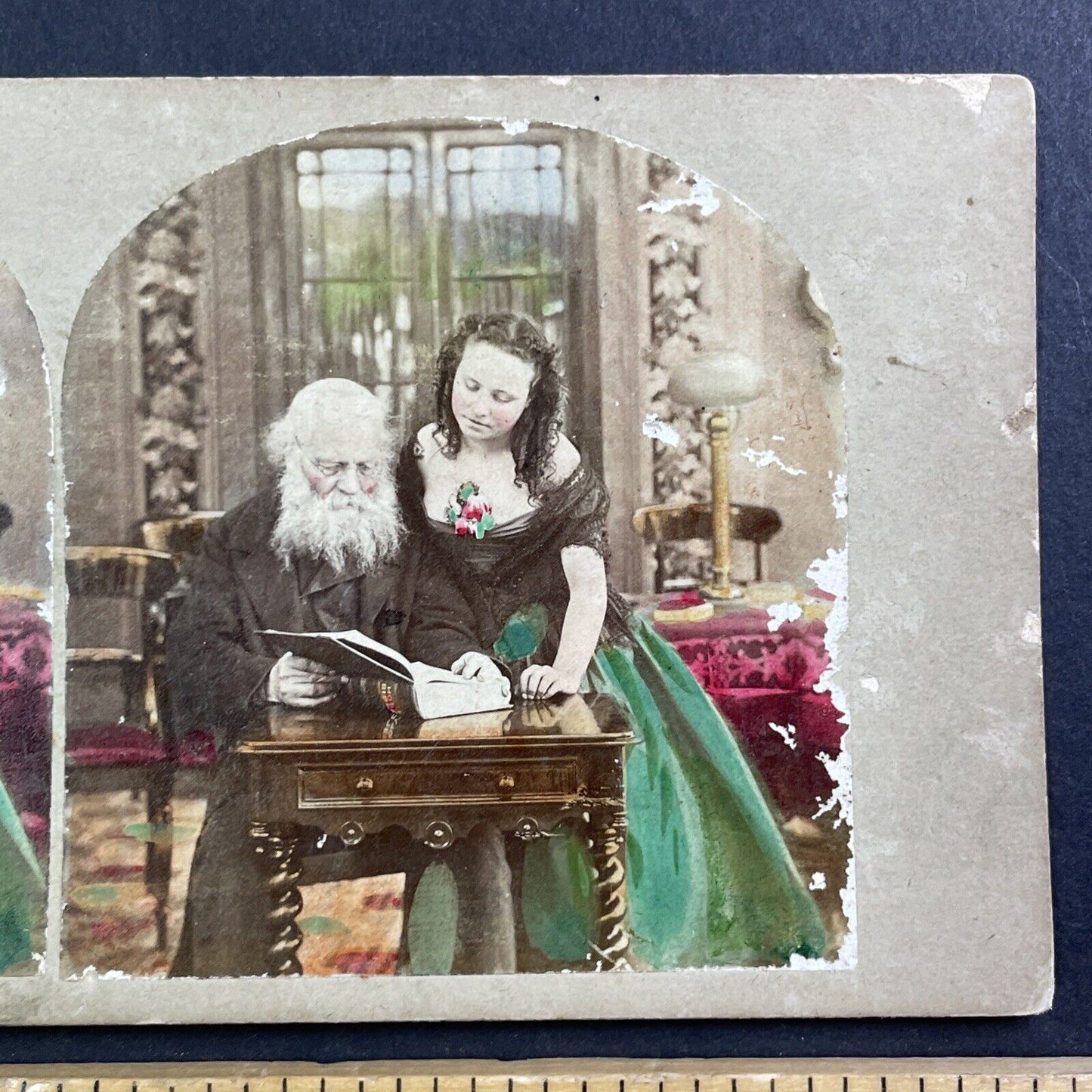 Elder Teaches Woman About Bible Stereoview att. Michael Burr Antique c1863 X4064